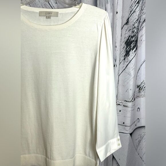 Loft Ivory Cotton Crewneck Sweater with Polyester Sleeves L - Picture 3 of 7